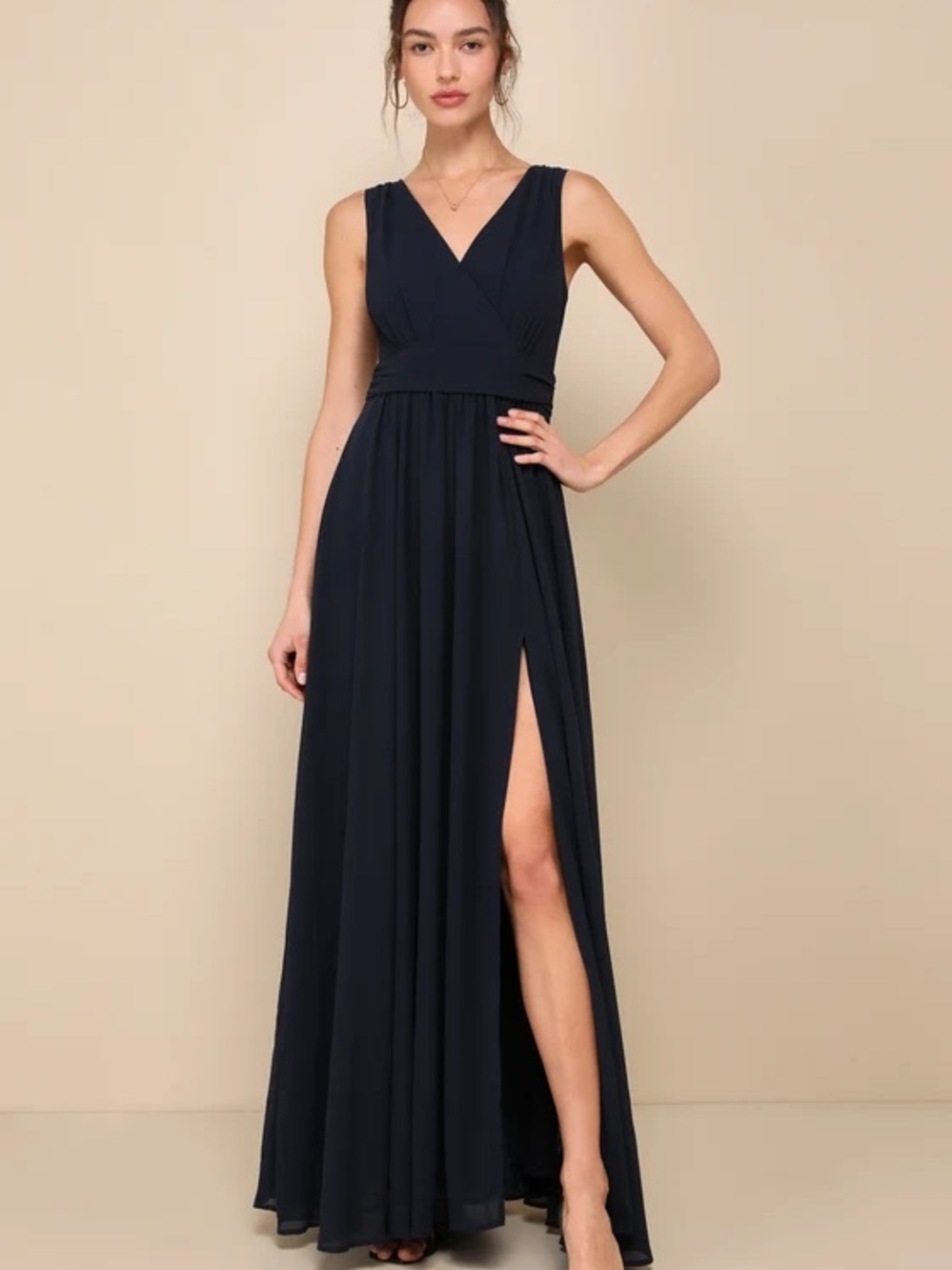 Lulu's Navy Sleeveless V-Neck Maxi Dress with High Side Slit